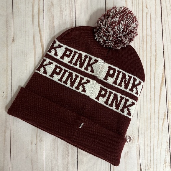 PINK Victoria’s Secret PINK Maroon and White Pom Pom Beanie - Picture 4 of 5